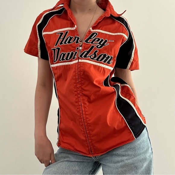 HARLEY DAVIDSON ZIP  FRONT ORANGE BLOUSE - M - Picture 3 of 13